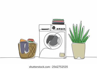 Single continuous line drawing on top of the washing machine there is a pile of folded clothes. A layout of the room in the laundry room. National Laundry Day. One line design vector illustration