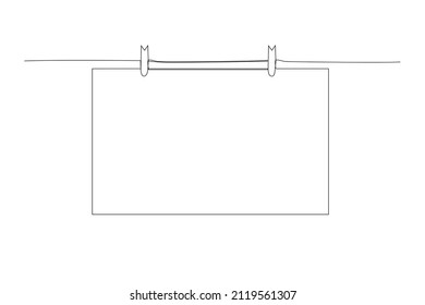 Single continuous line drawing one blank square note paper card hanging with wooden clip or clothespin on rope string peg. Vector illustration.