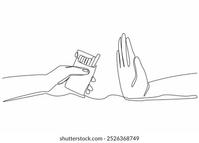 Single continuous line drawing one hand holds a cigarette pack and the other hand is raised as if in a stop gesture. Reject useless offers. Stop smoking. Quit. One line design vector illustration