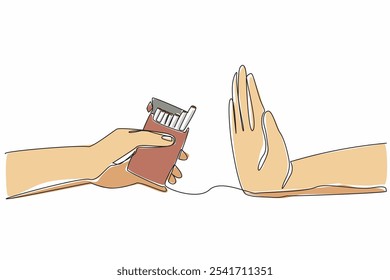 Single continuous line drawing one hand holds a cigarette pack and the other hand is raised as if in a stop gesture. Reject useless offers. Stop smoking. Quit. One line design vector illustration