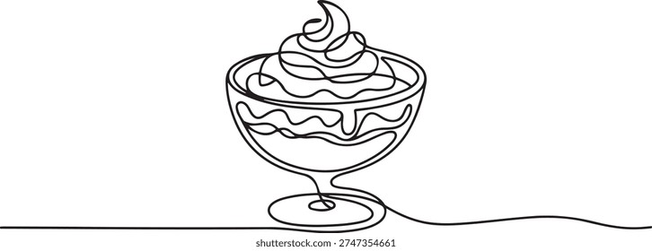 Single continuous line drawing one glass of chocolate mousse topped with whipped cream and melted chocolate. Thirst quencher. Tasty. one line Icon drawing

