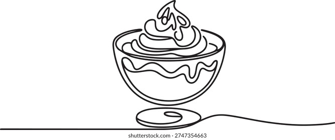 Single continuous line drawing one glass of chocolate mousse topped with whipped cream and melted chocolate. Thirst quencher. Tasty. one line Icon drawing

