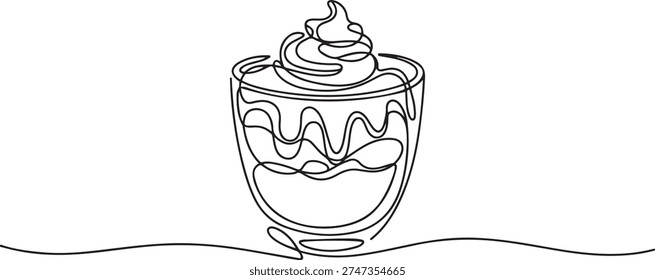 Single continuous line drawing one glass of chocolate mousse topped with whipped cream and melted chocolate. Thirst quencher. Tasty. one line Icon drawing
