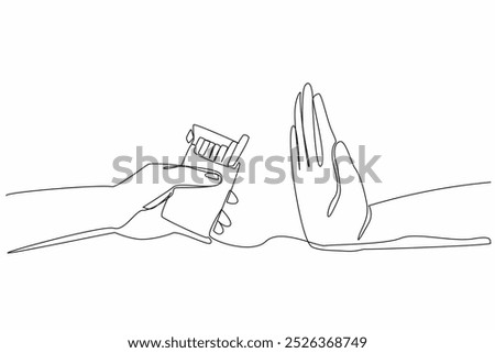 Single continuous line drawing one hand holds a cigarette pack and the other hand is raised as if in a stop gesture. Reject useless offers. Stop smoking. Quit. One line design vector illustration
