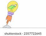 Single continuous line drawing open book launching with light bulb. Reading and learning power logo. Imagination, inspiration, fantasy. School graduation. One line graphic design vector illustration
