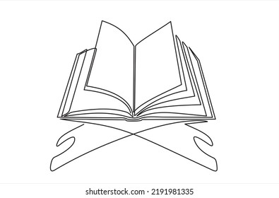 Single continuous line drawing of open Quran, holy book muslim, on placemat. Islamic holy day Ramadan Kareem and Eid Mubarak greeting card concept one line draw design vector illustration