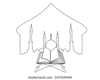 Single continuous line drawing of open Quran, holy book muslim, on placemat and mosque. Islamic holy day Ramadan Kareem and Eid Mubarak greeting card concept one line draw design vector illustration