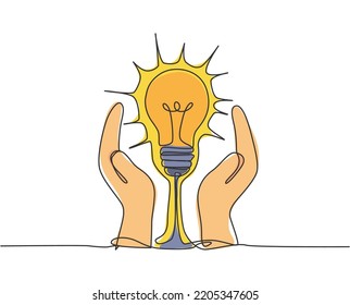 Single continuous line drawing of open hands protect lightbulb for logo label. Company safe protection logotype symbol template concept. Dynamic one line draw graphic vector illustration