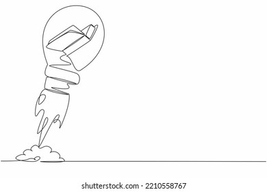 Single continuous line drawing open book launching with light bulb. Reading and learning power logo. Imagination, inspiration, fantasy. School graduation. One line graphic design vector illustration