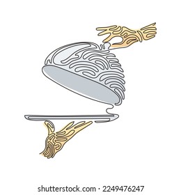 Single continuous line drawing open tray cloche in hand. Restaurant plate in elegant waiter hand. Food serving tray concept. Swirl curl style. Dynamic one line draw graphic design vector illustration