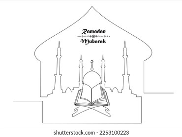 Single continuous line drawing of open Quran, holy book muslim, on placemat and mosque. Islamic holy day Ramadan Kareem and Eid Mubarak greeting card concept one line draw design vector illustration