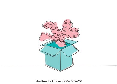 Single continuous line drawing open gift box and confetti. Enter to win prizes. Present package with bursting elements, surprise inside, birthday. One line draw graphic design vector illustration