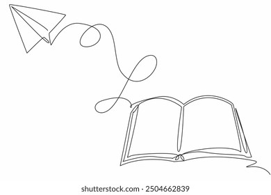 Single continuous line drawing an open book with a paper airplane flying above. Mathematics is the basic science of education. International Day of Mathematics. One line design vector illustration