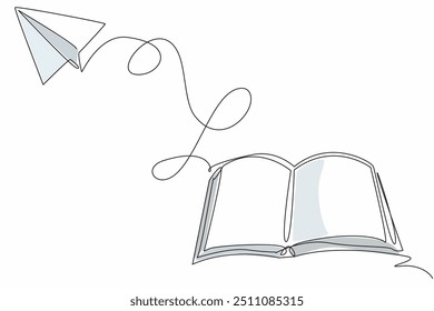 Single continuous line drawing an open book with a paper airplane flying above. Mathematics is the basic science of education. International Day of Mathematics. One line design vector illustration