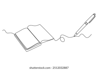 Single continuous line drawing of open book with pen or pencil above work desk. Education learning or writing business draft on office notes concept. One line draw graphic design vector illustration