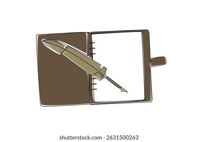 Linha contínua única desenho de couro aberto coberto notebook com pena em cima. Escrevendo poesia romântica em estilo clássico. Melhor inspiração. Dia Nacional do Notebook. Ilustração de vetor de design de uma linha