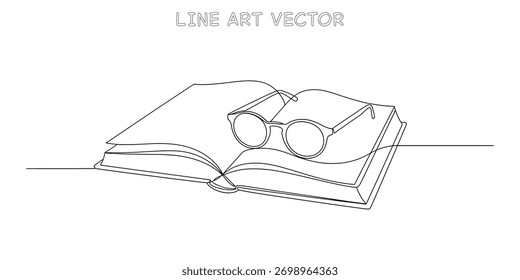 Un dibujo de línea continua de un libro abierto con un par de gafas de lectura descansando en las páginas