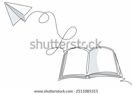 Single continuous line drawing an open book with a paper airplane flying above. Mathematics is the basic science of education. International Day of Mathematics. One line design vector illustration