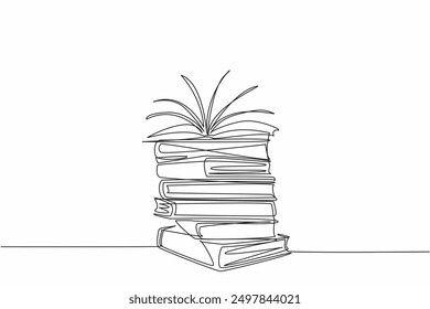 Single continuous line drawing opening book on a pile of books. Education learning concept with reading the textbook. Literation. National Read Across America Day.  One line design vector illustration