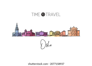 Single continuous line drawing of Oslo skyline Norway. Famous city scraper landscape home decor wall art poster print. World travel destination concept. Modern one line draw design vector illustration