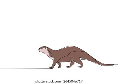 Uma única lontra de desenho contínuo está caminhando. Fazer um passeio tranquilo para encontrar água para mergulhar. Comportamento adorável durante o verão. Vida selvagem. Dia Mundial da Lontra. Ilustração de vetor de design de uma linha