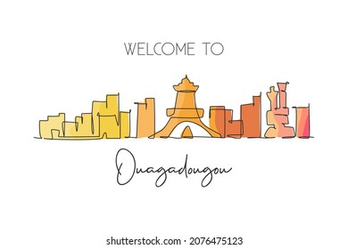Single continuous line drawing of Ouagadougou city skyline, Burkina Faso. Famous city scraper and landscape wall decor poster print art. World travel concept. One line draw design vector illustration