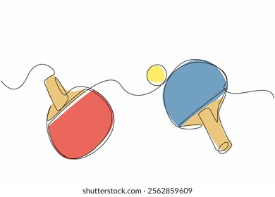 Single continuous line drawing paddle ping pong racket with ball. Playing indoor sports in winter. Stay healthy with a healthy lifestyle. World Table Tennis Day. One line design vector illustration