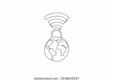 Single continuous line drawing a padlock connected to a globe with Wi-Fi signals. Safeguarding information in an interconnected world. Secure. Safer Internet Day. One line design vector illustration