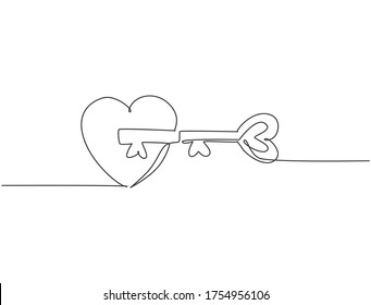 Single continuous line drawing pair heart shaped key   keyhole fit puzzle symbol  Romantic couple mate marriage concept  Modern one line draw graphic design vector illustration