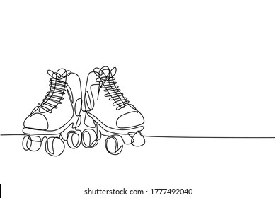 Single continuous line drawing pair of old retro plastic quad roller skate shoes. Vintage classic extreme sport concept one line draw design vector illustration graphic