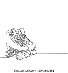 Single continuous line drawing pair of vintage, retro quad roller skates icon logo symbol. Sketch style pair of quad roller skates with white laces. One line draw graphic design vector illustration