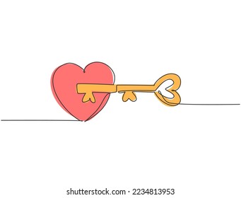 Single continuous line drawing pair heart shaped key   keyhole fit puzzle symbol  Romantic couple mate marriage concept  Modern one line draw graphic design vector illustration