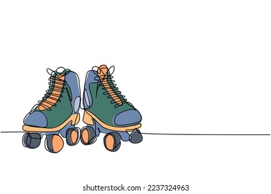 Single continuous line drawing pair of old retro plastic quad roller skate shoes. Vintage classic extreme sport concept one line draw design vector illustration graphic
