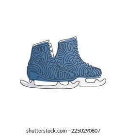 Single continuous line drawing pair of figure skates. White women Ice skates. Freezing winter day. Ice skating outdoor activities with family. Swirl curl style. one line draw graphic design vector