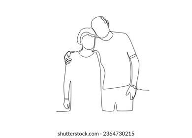 Single continuous line drawing a pair of grandparents posing for a photo
