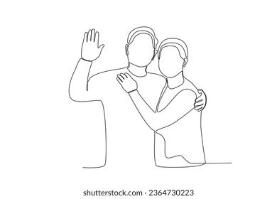 Single continuous line drawing a pair of grandparents greeting relatives
