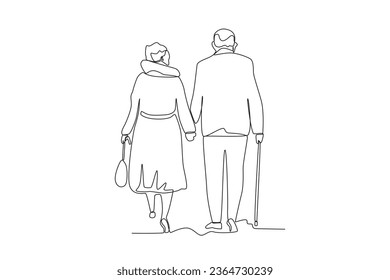 Single continuous line drawing a pair of grandparents walking in the park
