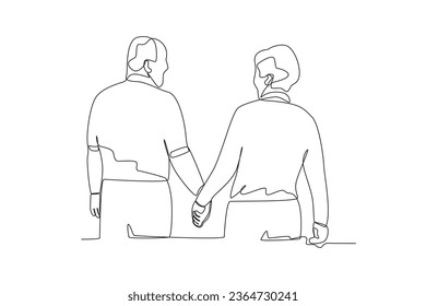 Single continuous line drawing a pair of grandparents look at each other and join hands
