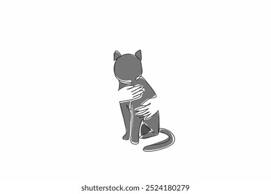 Single continuous line drawing a pair of hands are gently embracing a cat. Symbolizes love, compassion and bond between humans animals. National Love Your Pet Day. One line design vector illustration