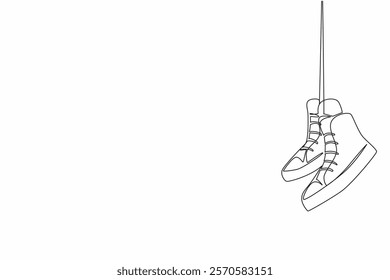 Single continuous line drawing a pair of sneakers hanging. Aired before being placed on the shoe rack. Care. Comfort. National Two Different Colored Shoes Day. One line design vector illustration