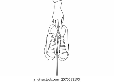 Single continuous line drawing a pair of sneakers held by 2 fingers. Launch of the latest model shoes. Current trends. National Two Different Colored Shoes Day. One line design vector illustration