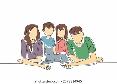 Single continuous line drawing a pair of father and mother lying face down, a boy and a girl sitting on the floor. Happy together. Fun. National Pet Parents Day. One line design vector illustration