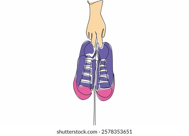 Single continuous line drawing a pair of sneakers held by 2 fingers. Launch of the latest model shoes. Current trends. National Two Different Colored Shoes Day. One line design vector illustration