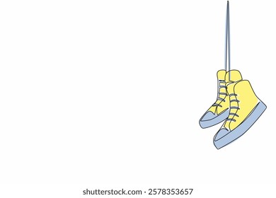 Single continuous line drawing a pair of sneakers hanging. Aired before being placed on the shoe rack. Care. Comfort. National Two Different Colored Shoes Day. One line design vector illustration