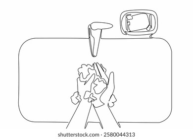 Single continuous line drawing a pair of hands being washed in the sink with soap bar. Actions to prevent the spread of the virus. Protect. World Hand Hygiene Day. One line design vector illustration