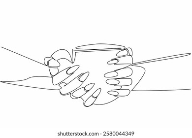 Single continuous line drawing a pair of hands holding a mug with colorful nails. A new, fresher look. Looks more elegant. Fashionable. More beautiful. Nail Day. One line design vector illustration