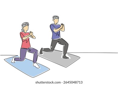 Single continuous line drawing a pair of grandparents are doing fitness on fitness mate. The excitement of sports together. National Senior Health and Fitness Day. One line design vector illustration