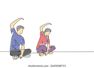 Single continuous line drawing a pair of grandparents are doing fitness on fitness mate. Growing old and healthy together. National Senior Health and Fitness Day. One line design vector illustration