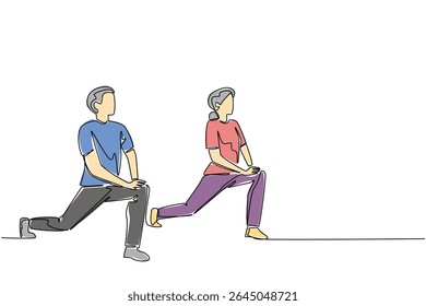 Single continuous line drawing a pair of grandparents are doing fitness on a fitness mate. Keep up the spirit of exercising. National Senior Health and Fitness Day. One line design vector illustration