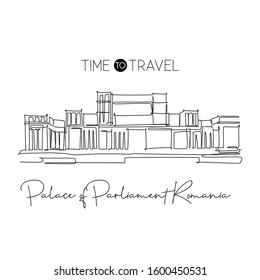 Single continuous line drawing Palace of the Parliament landmark. Palatul Parlamentului place in Bucharest, Romania. Home decor wall art print concept. Simple one line draw design vector illustration